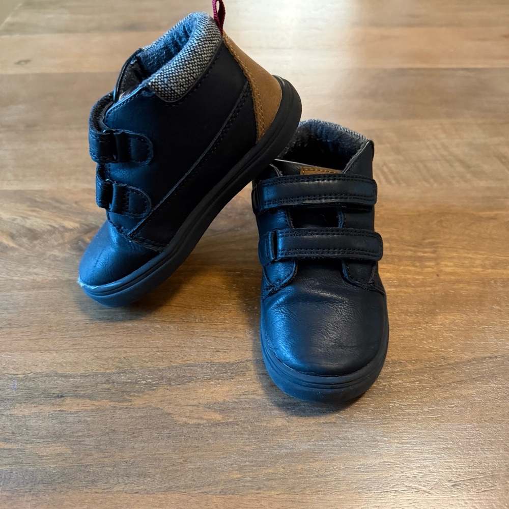 Kids Black Leather Like Velcro Sneakers
